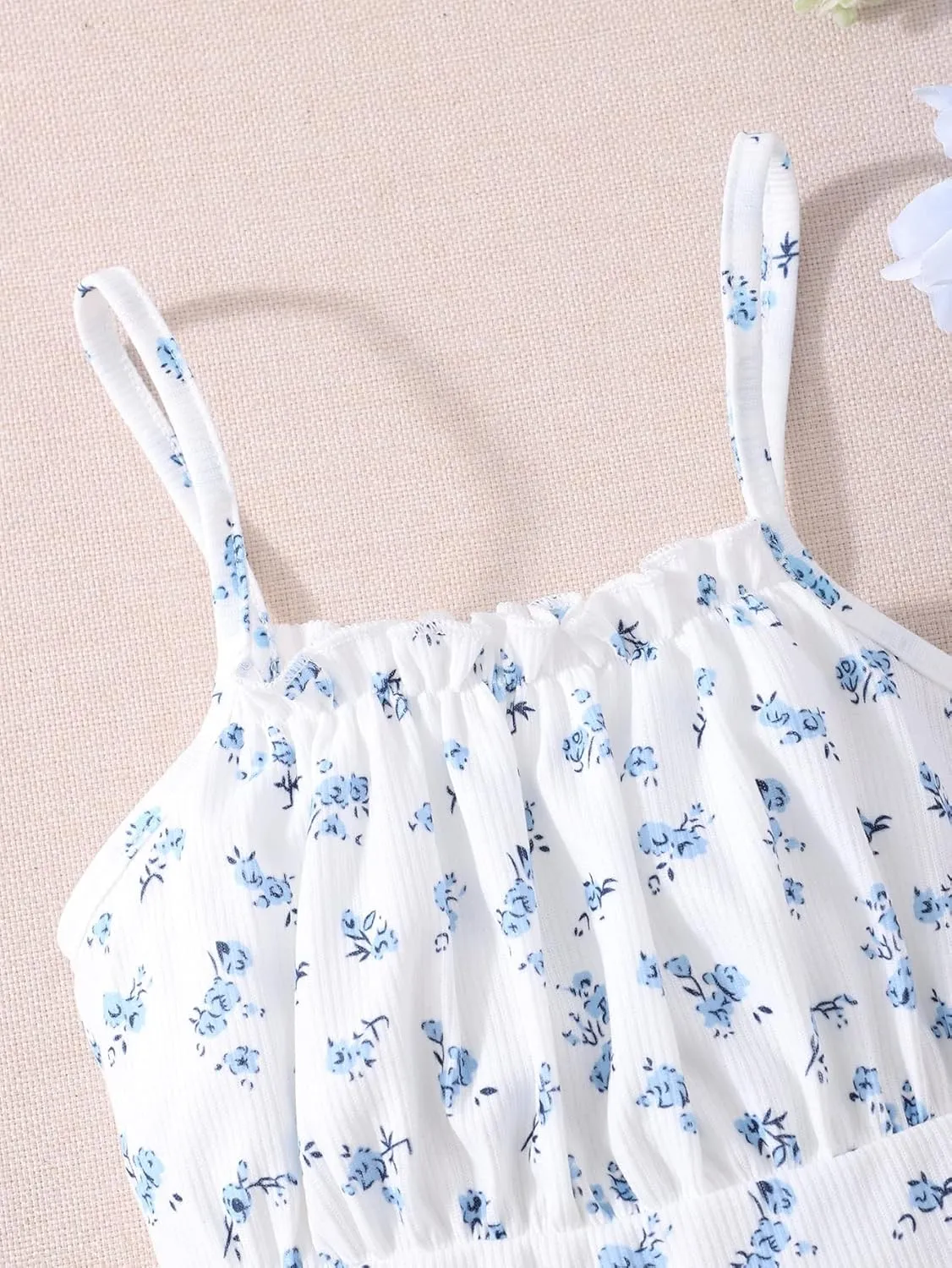 SweatyRocks Girl's Summer Floral Print Ruffle Cami Top Spaghetti Strap Ruched Tank Tops