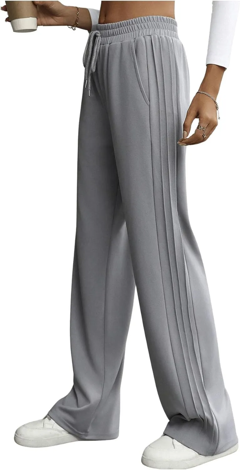 SweatyRocks Women's High Waisted Straight Leg Pants Drawstring Waist Trousers with Pockets