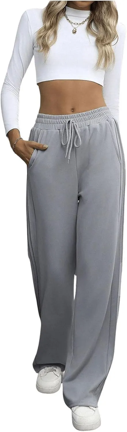 SweatyRocks Women's High Waisted Straight Leg Pants Drawstring Waist Trousers with Pockets