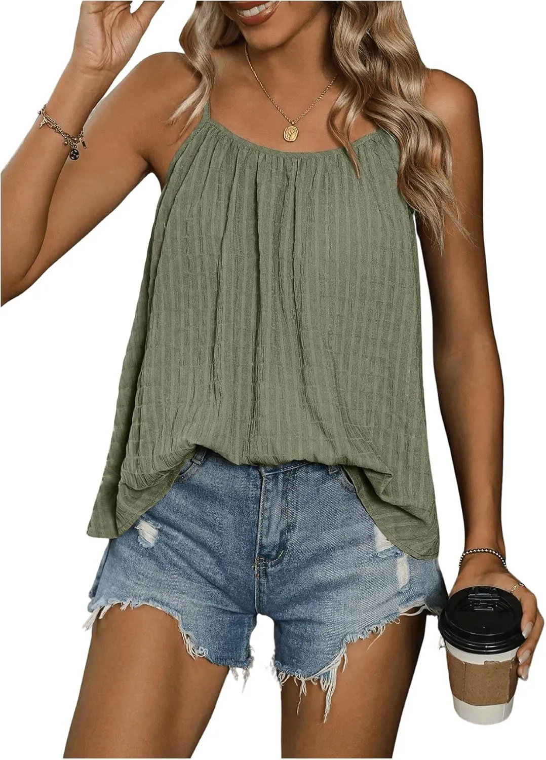 SweatyRocks Women's Summer Tank Top Spaghetti Strap Pleated Camisole Sleeveless Loose Cami Tops