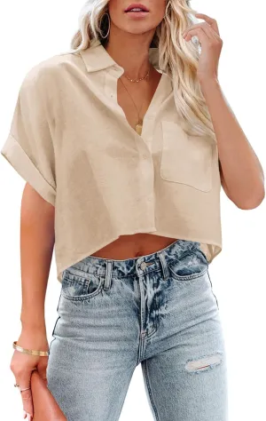 Tankaneo Womens Button Down Cropped Shirts Long Sleeve Casual Crop Tops Solid Lapel Blouse Shirt with Chest Pocket