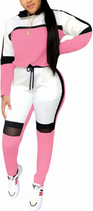 ThusFar Women's Casual Sweatsuit Two Piece Outfits Patchwork Net Color Block Pocket Hooded Top Pant Set Jogger Tracksuit