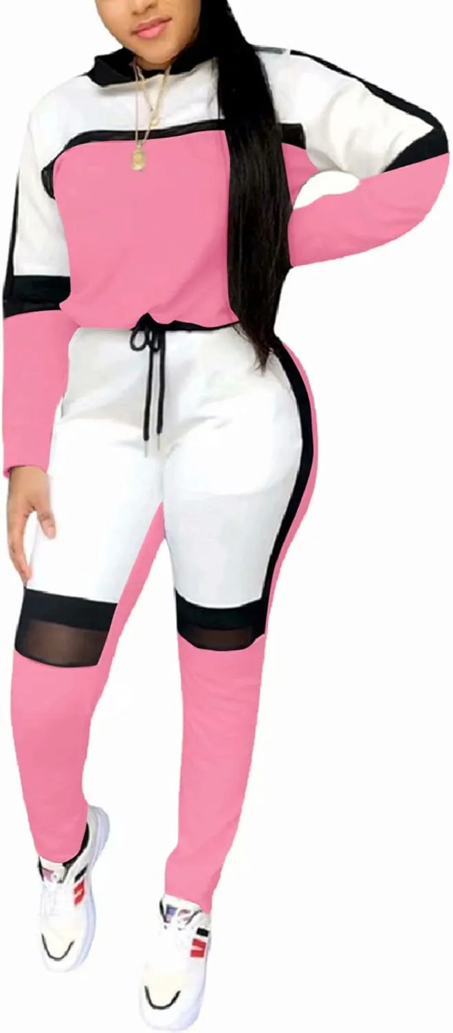 ThusFar Women's Casual Sweatsuit Two Piece Outfits Patchwork Net Color Block Pocket Hooded Top Pant Set Jogger Tracksuit