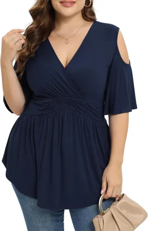TIANZHU Plus Size Tops for Women Sexy Empire Waist Dressy Short Sleeve Shirts with Cold Shoulder Detail