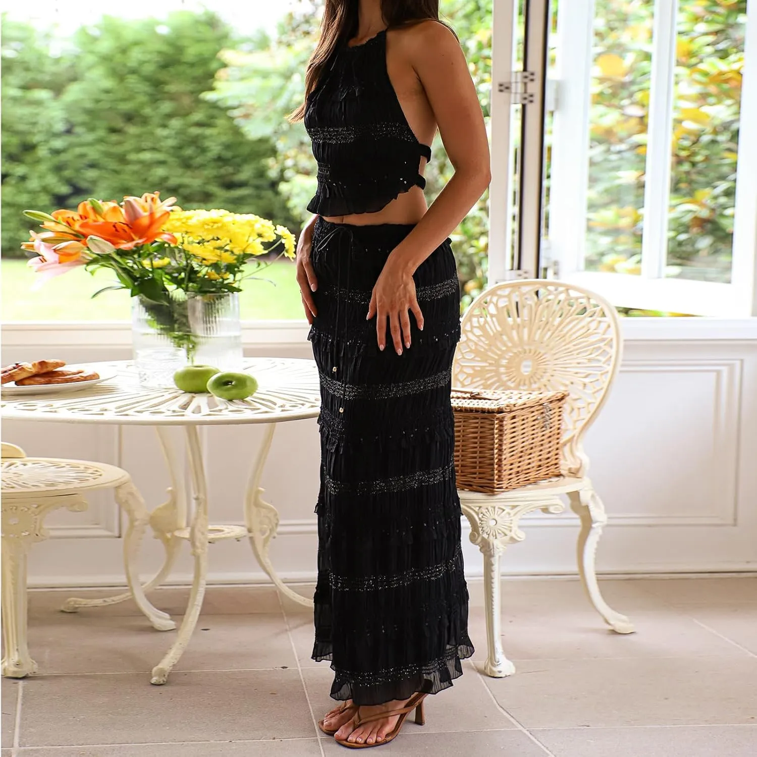Two Piece Maxi Skirt Set Women Y2k Sexy Lace Sheer Halter Top and Smocked Pleated Long Maxi Sets 2 Piece Outfits