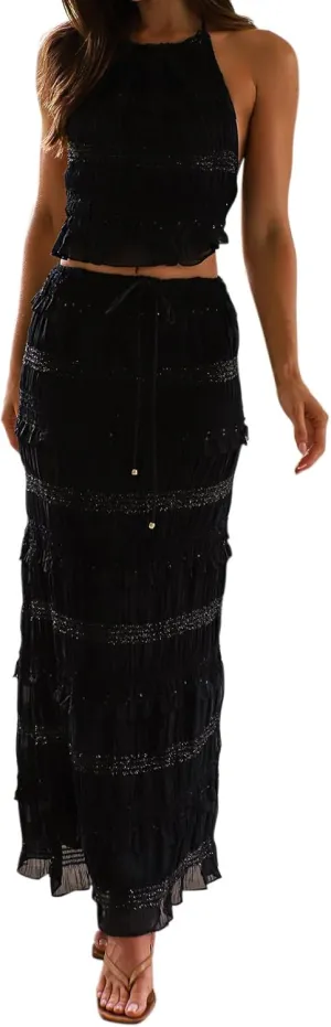 Two Piece Maxi Skirt Set Women Y2k Sexy Lace Sheer Halter Top and Smocked Pleated Long Maxi Sets 2 Piece Outfits