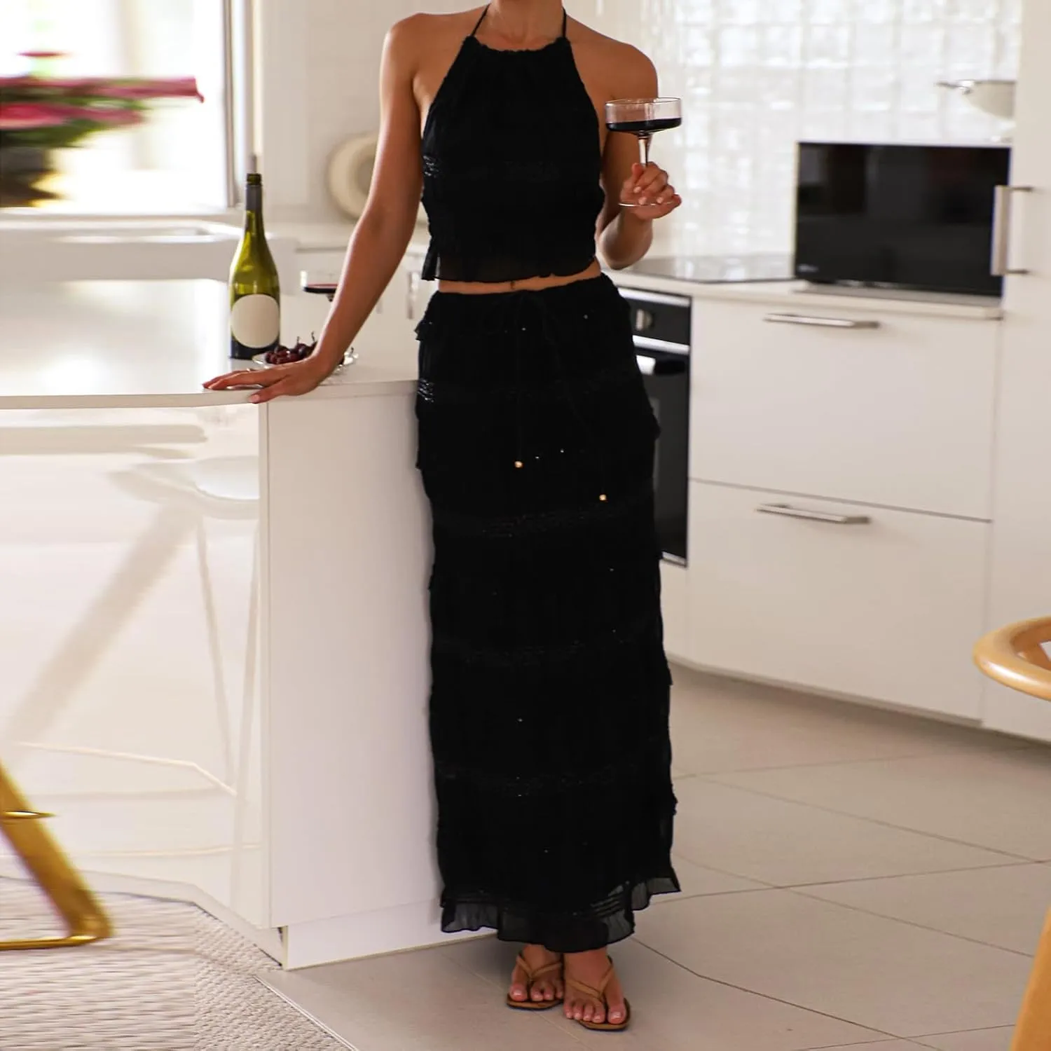 Two Piece Maxi Skirt Set Women Y2k Sexy Lace Sheer Halter Top and Smocked Pleated Long Maxi Sets 2 Piece Outfits