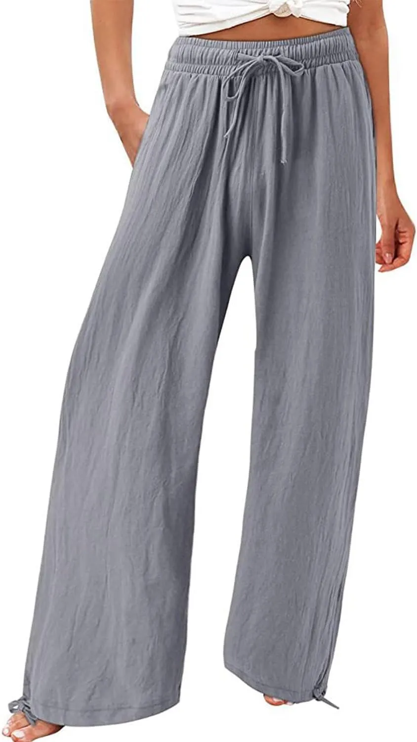 utcoco Wide Leg Linen Pants for Women Casual Loose Fit High Waisted Pants with Drawstrings