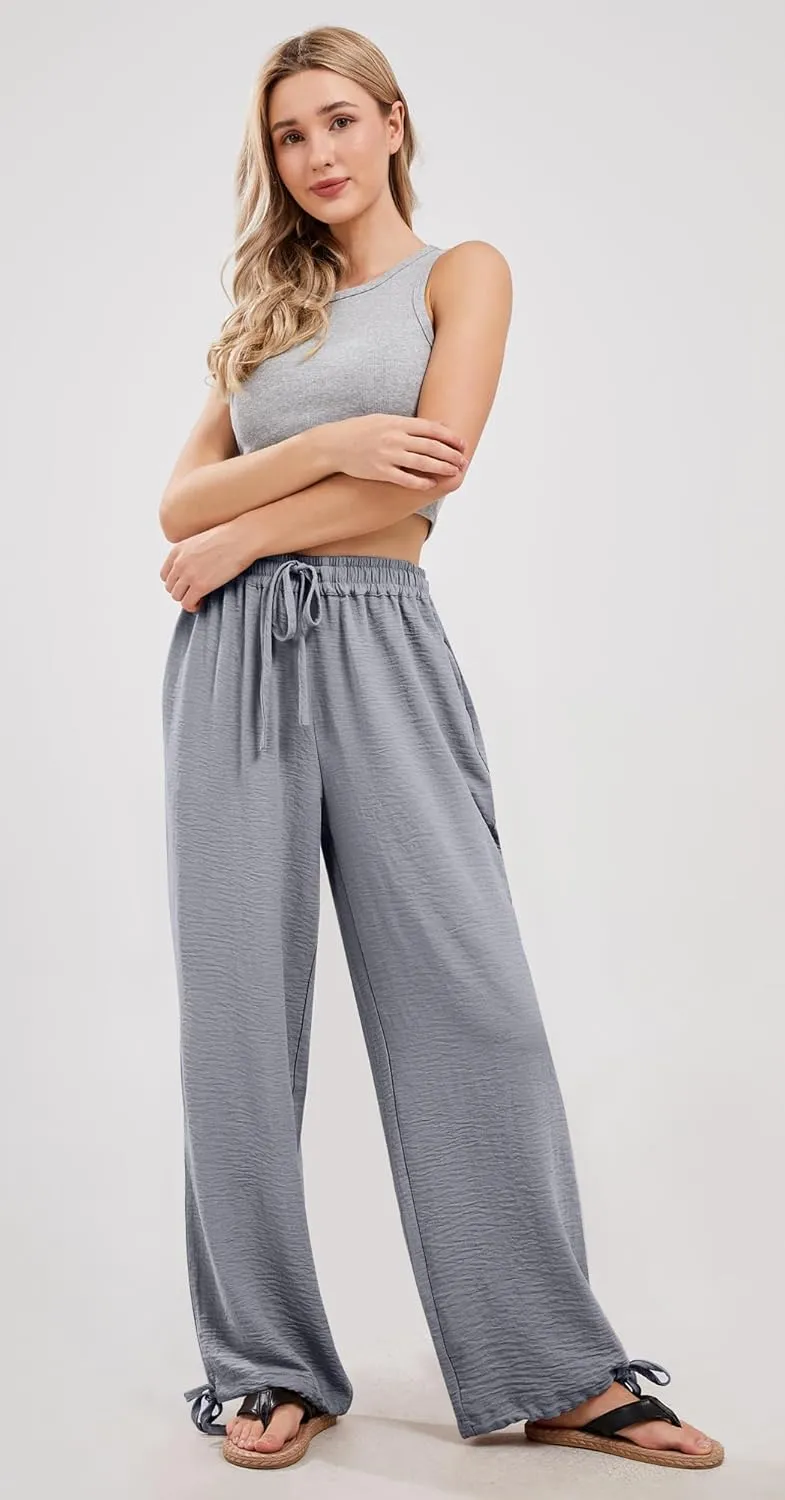 utcoco Wide Leg Linen Pants for Women Casual Loose Fit High Waisted Pants with Drawstrings
