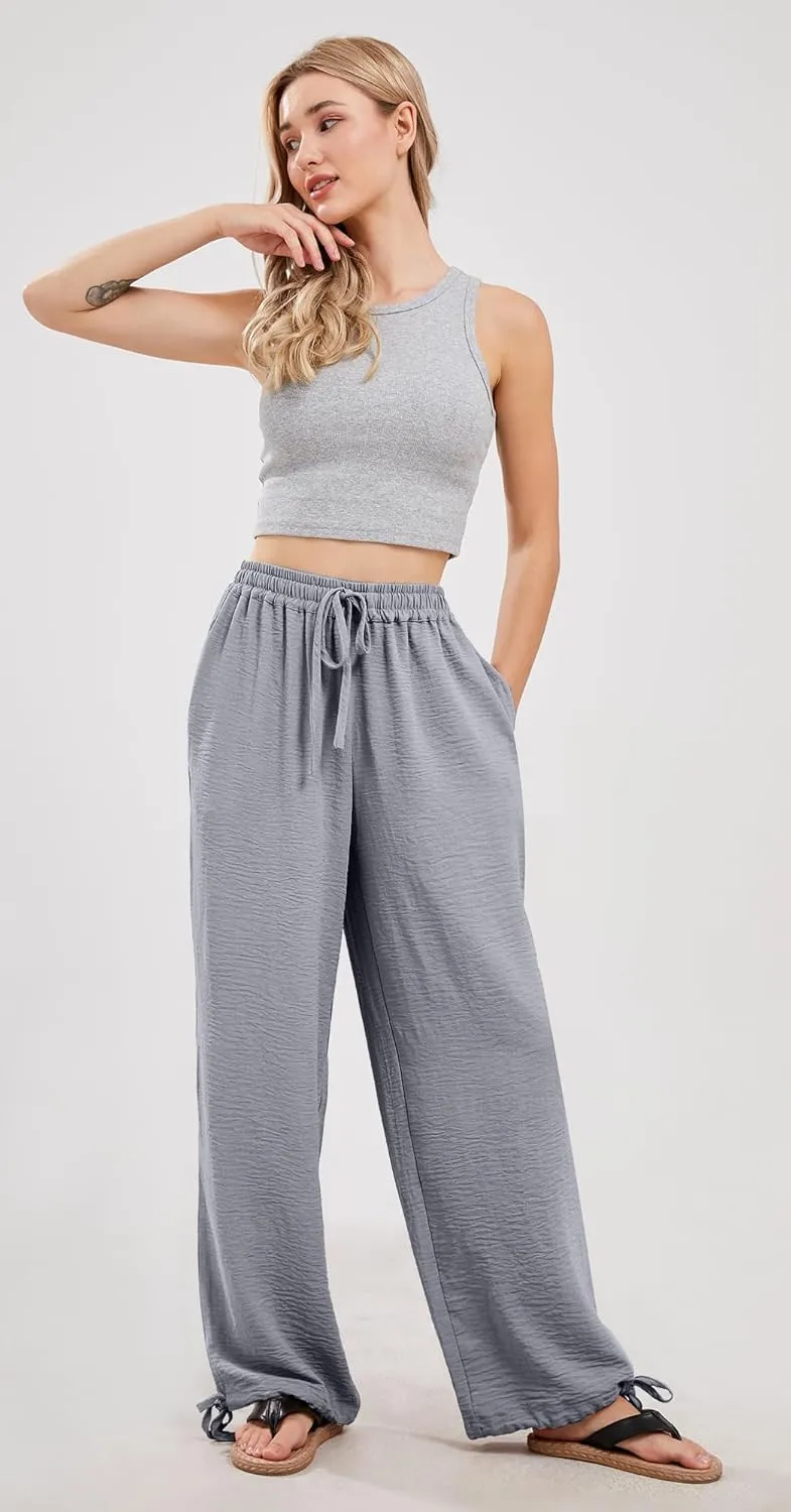 utcoco Wide Leg Linen Pants for Women Casual Loose Fit High Waisted Pants with Drawstrings