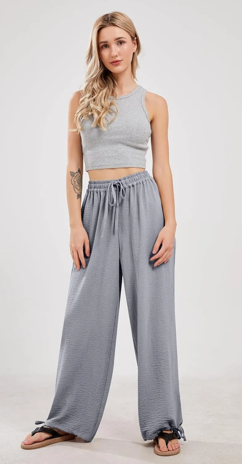 utcoco Wide Leg Linen Pants for Women Casual Loose Fit High Waisted Pants with Drawstrings
