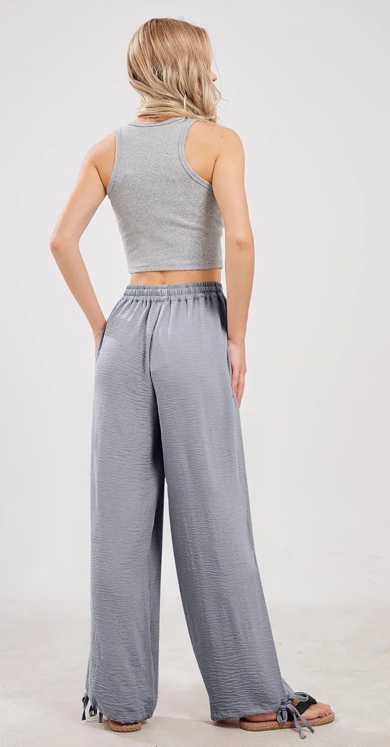 utcoco Wide Leg Linen Pants for Women Casual Loose Fit High Waisted Pants with Drawstrings