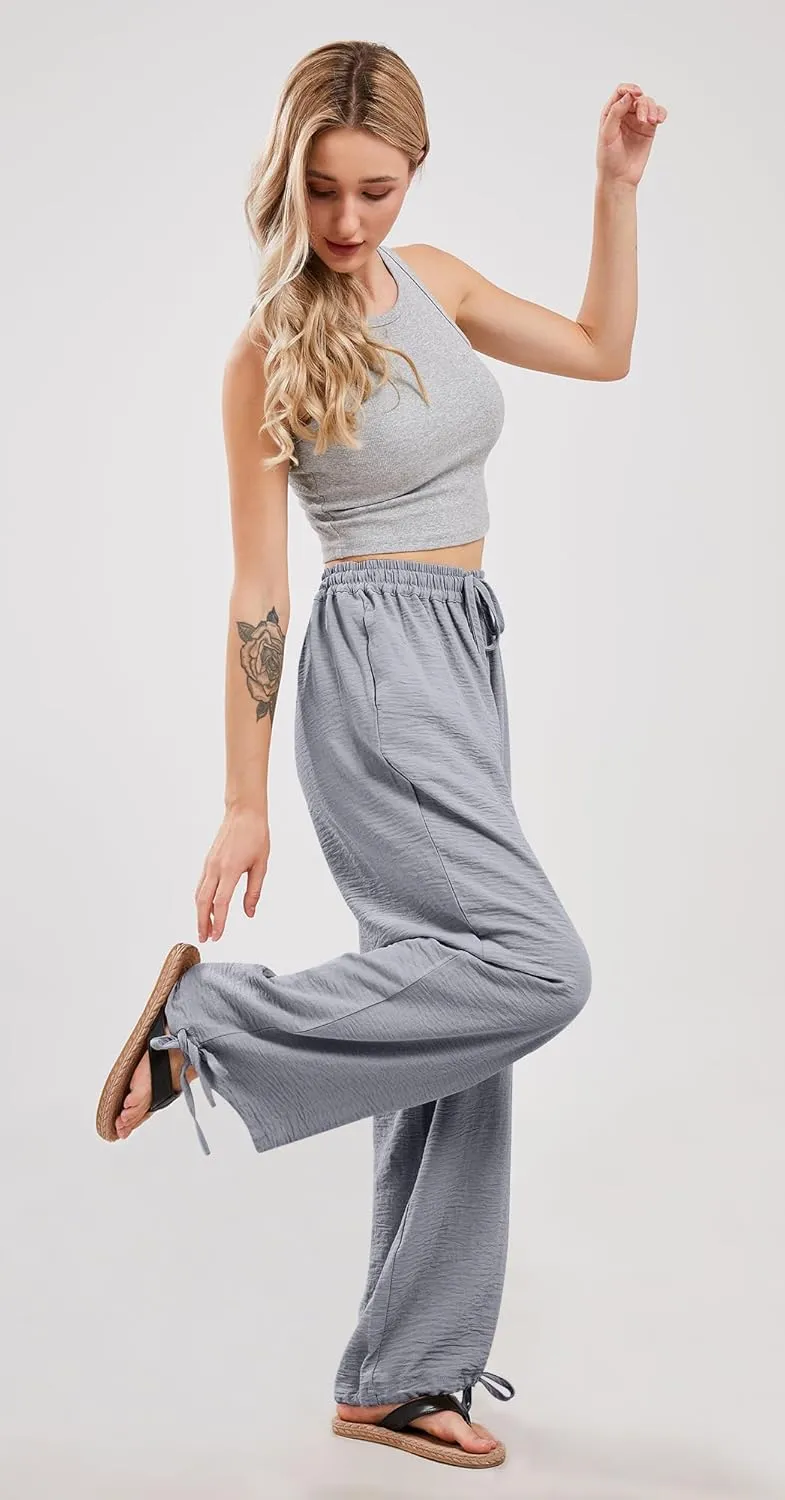 utcoco Wide Leg Linen Pants for Women Casual Loose Fit High Waisted Pants with Drawstrings