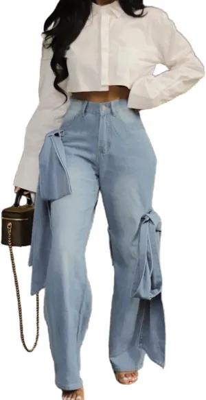 Vaceky Bow Tie Jeans Women Y2K High Waisted Straight Leg Trendy Denim Pants