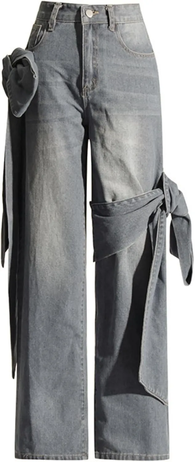 Vaceky Bow Tie Jeans Women Y2K High Waisted Straight Leg Trendy Denim Pants