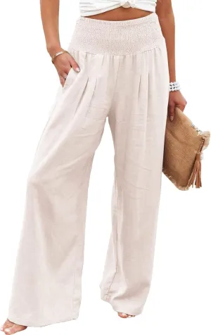 Vansha Women Summer High Waisted Cotton Linen Palazzo Pants Wide Leg Long Lounge Pant Trousers with Pocket