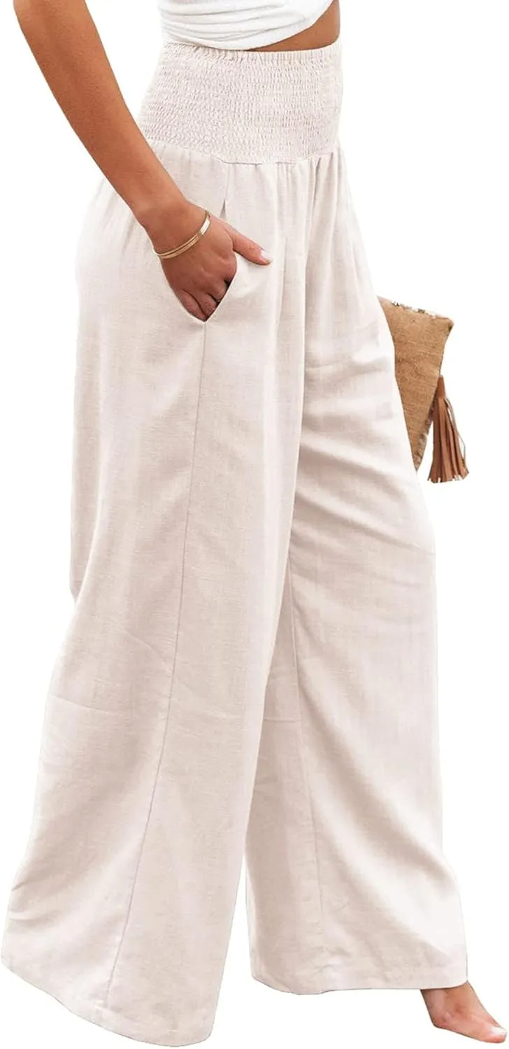 Vansha Women Summer High Waisted Cotton Linen Palazzo Pants Wide Leg Long Lounge Pant Trousers with Pocket