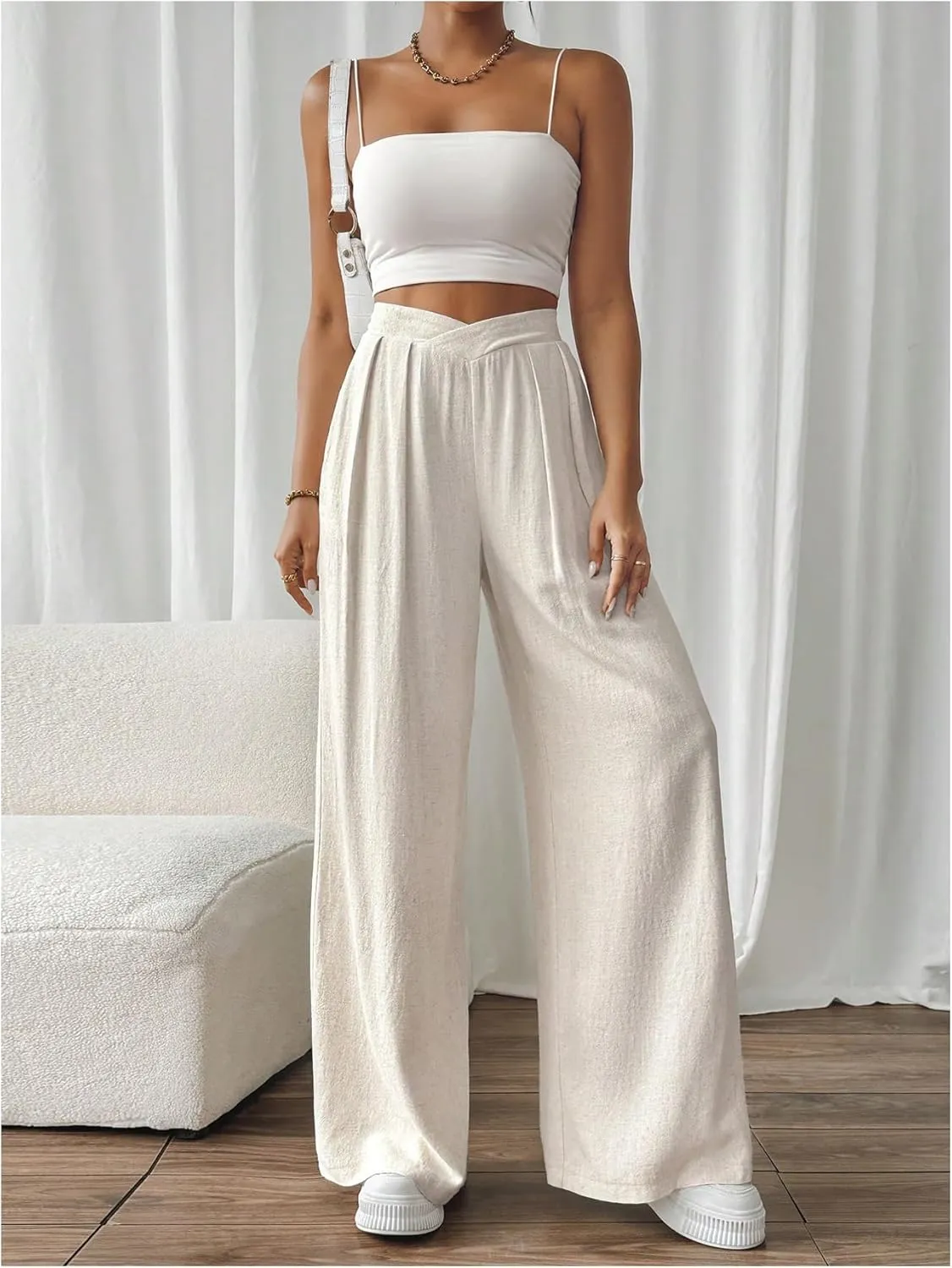Verdusa Women's Cross Over Elastic High Waist Baggy Pants Linen Lounge Trousers with Pocket