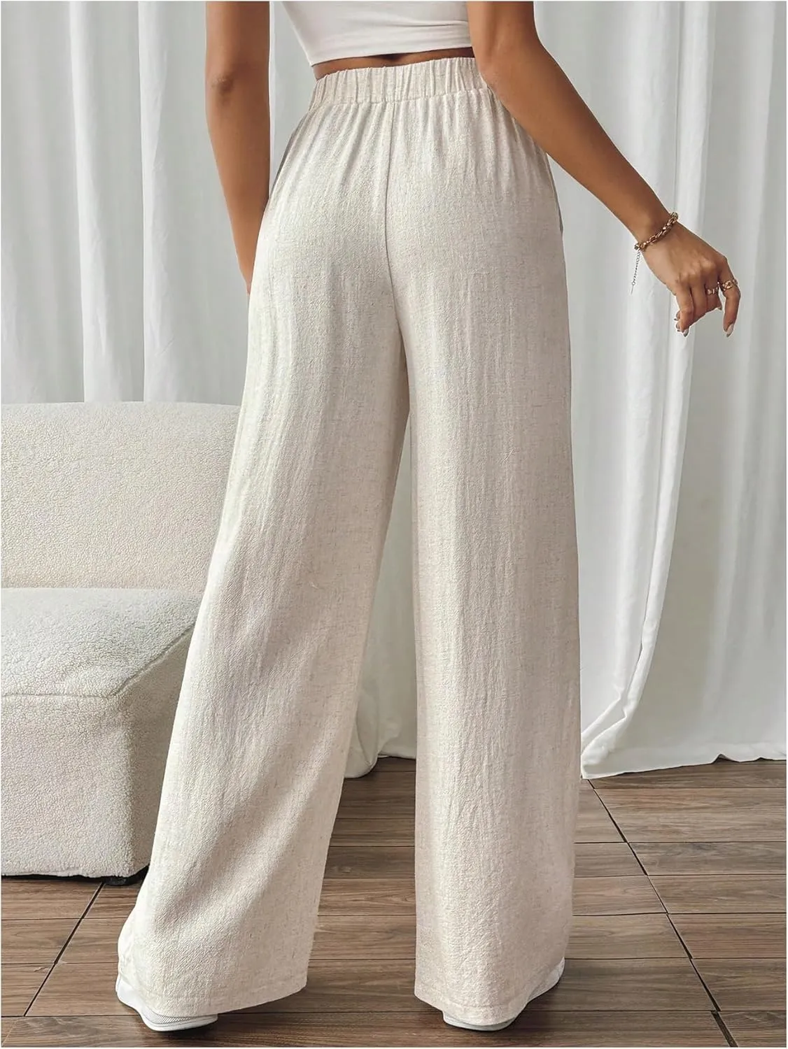 Verdusa Women's Cross Over Elastic High Waist Baggy Pants Linen Lounge Trousers with Pocket