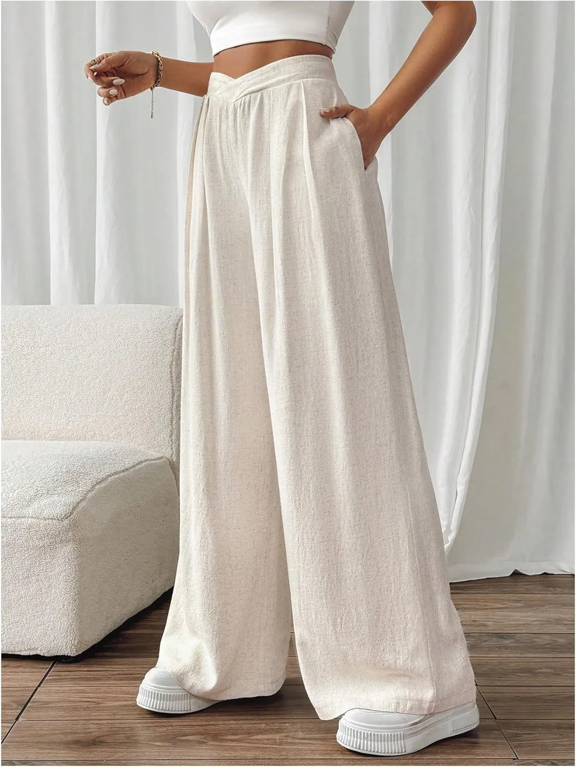 Verdusa Women's Cross Over Elastic High Waist Baggy Pants Linen Lounge Trousers with Pocket