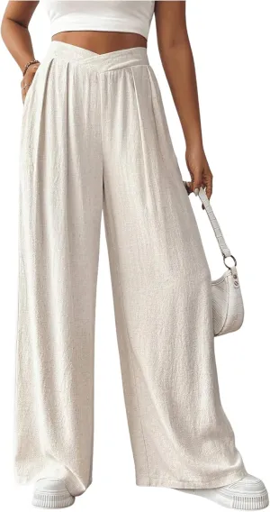 Verdusa Women's Cross Over Elastic High Waist Baggy Pants Linen Lounge Trousers with Pocket