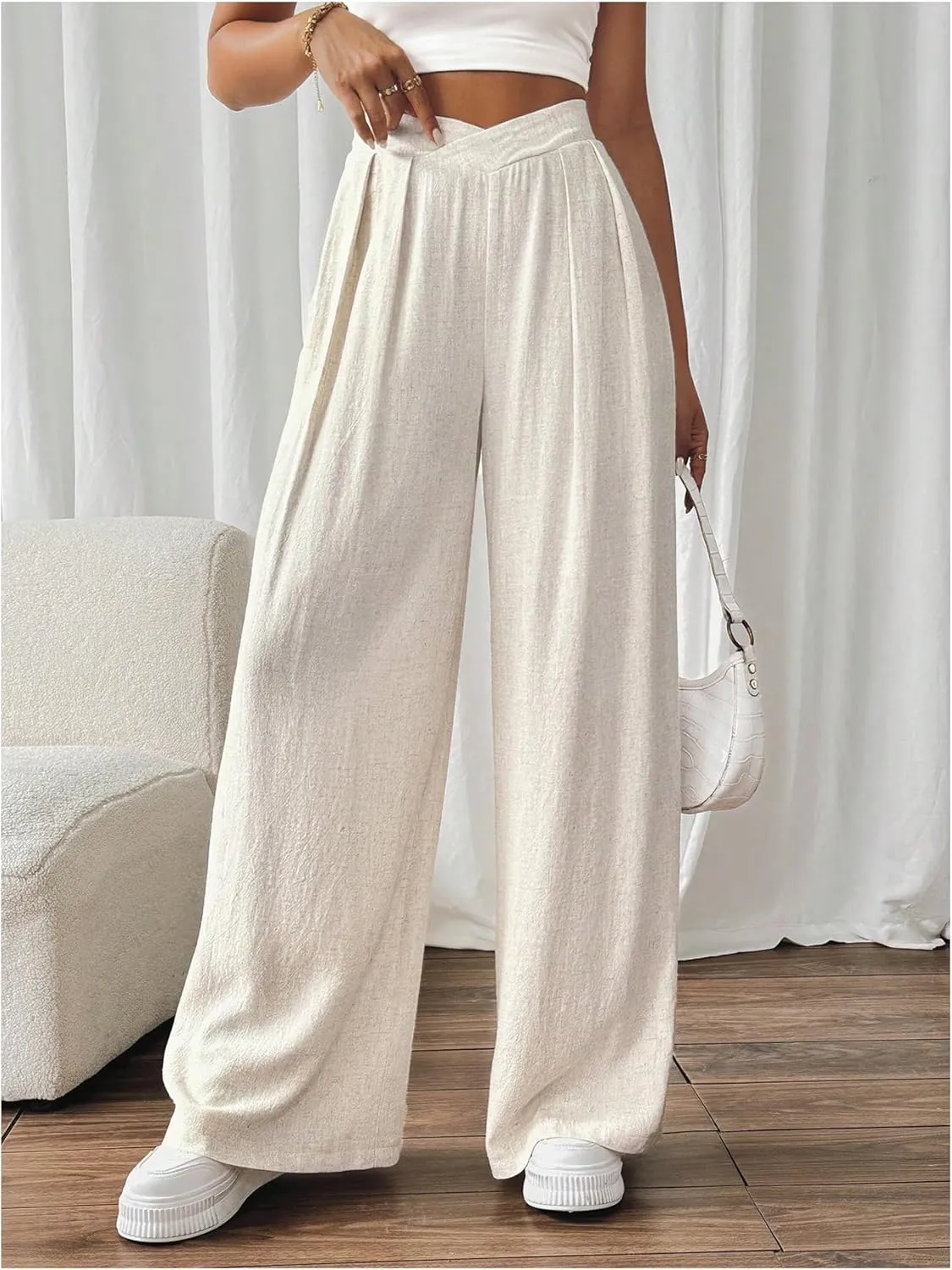 Verdusa Women's Cross Over Elastic High Waist Baggy Pants Linen Lounge Trousers with Pocket