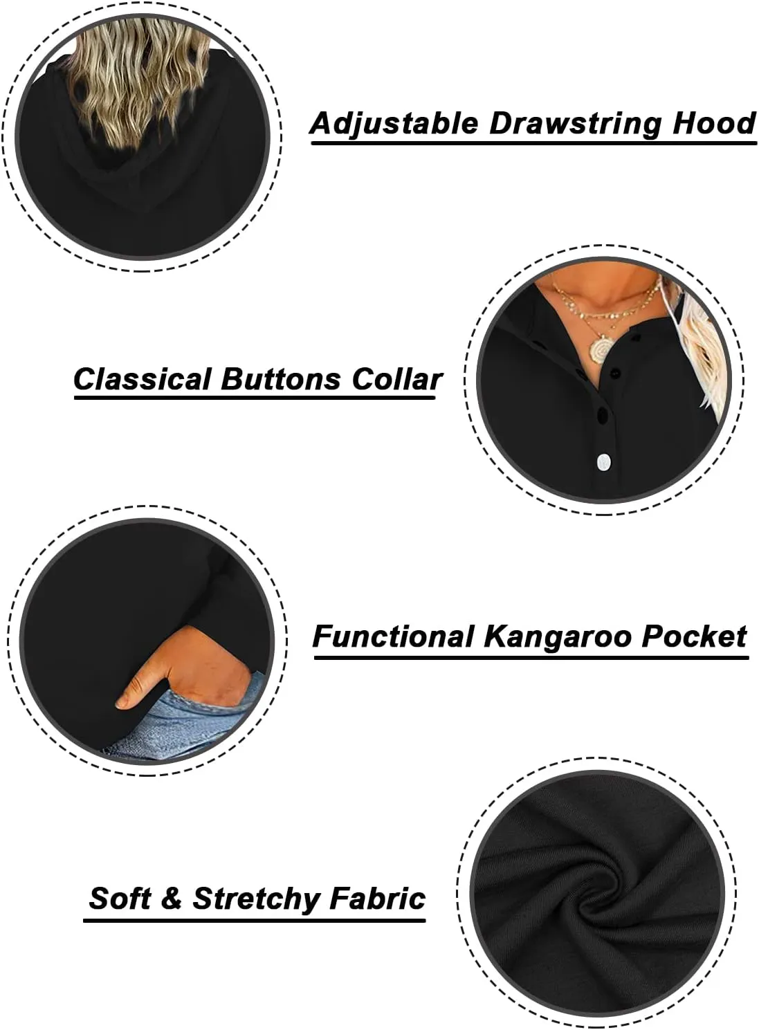 VISLILY Women's-Plus-Size-Hoodies Buttons Collar Hooded Sweatshirts Drawstring Pullover Tops with Kangaroo Pocket XL-4XL
