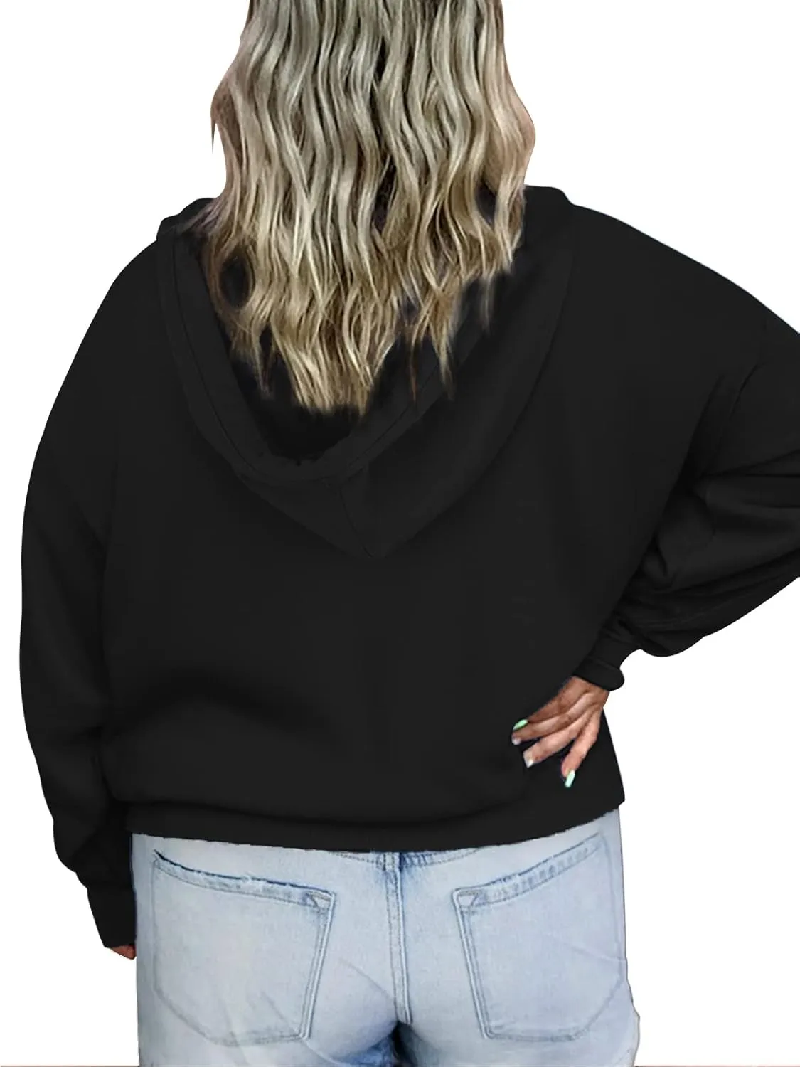 VISLILY Women's-Plus-Size-Hoodies Buttons Collar Hooded Sweatshirts Drawstring Pullover Tops with Kangaroo Pocket XL-4XL