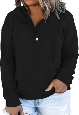 VISLILY Women's-Plus-Size-Hoodies Buttons Collar Hooded Sweatshirts Drawstring Pullover Tops with Kangaroo Pocket XL-4XL