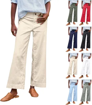 Wide Leg Linen Pants Women Cropped Elastic High Waisted Dress Pants Business Casual Comfy Work Pants with Pockets