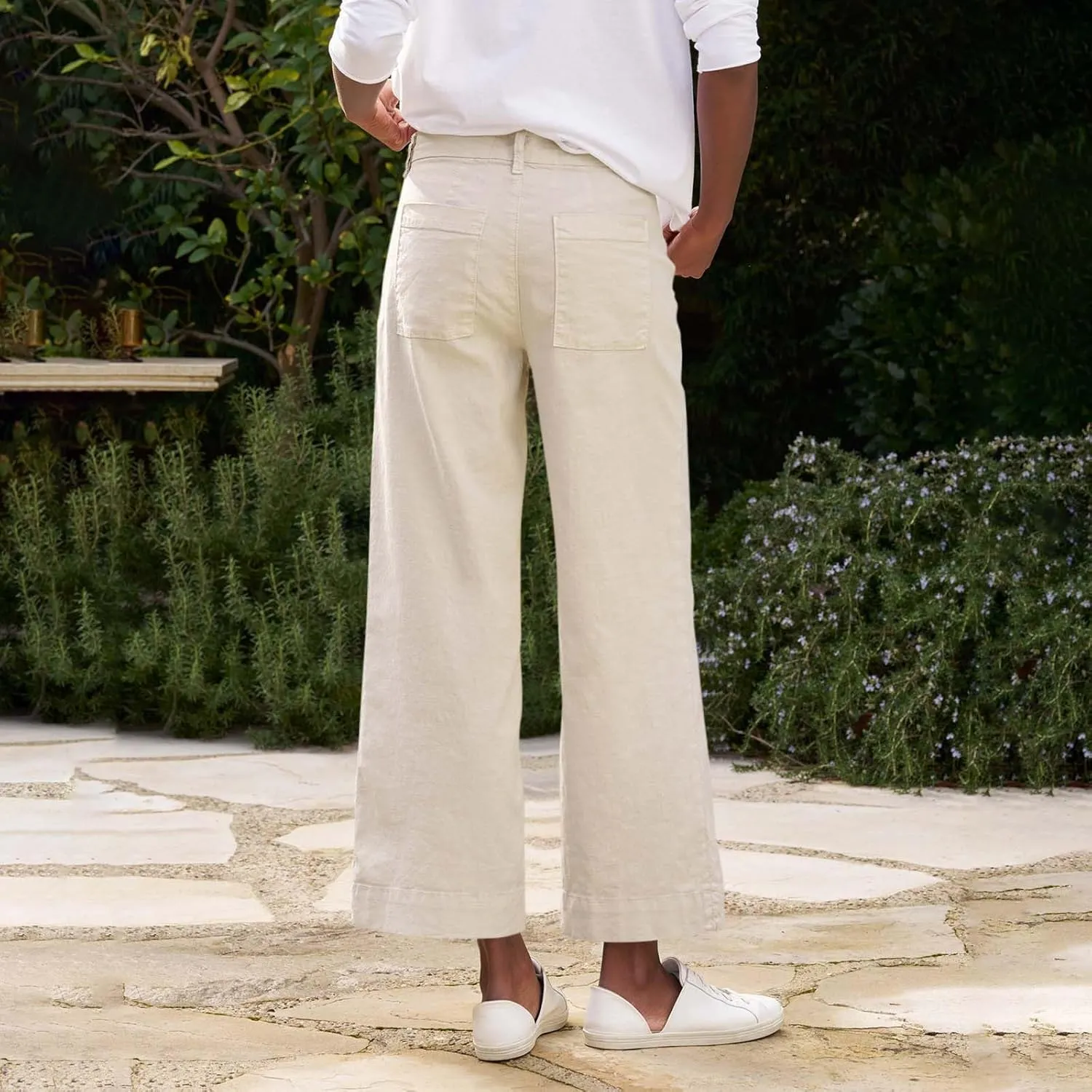 Wide Leg Linen Pants Women Cropped Elastic High Waisted Dress Pants Business Casual Comfy Work Pants with Pockets