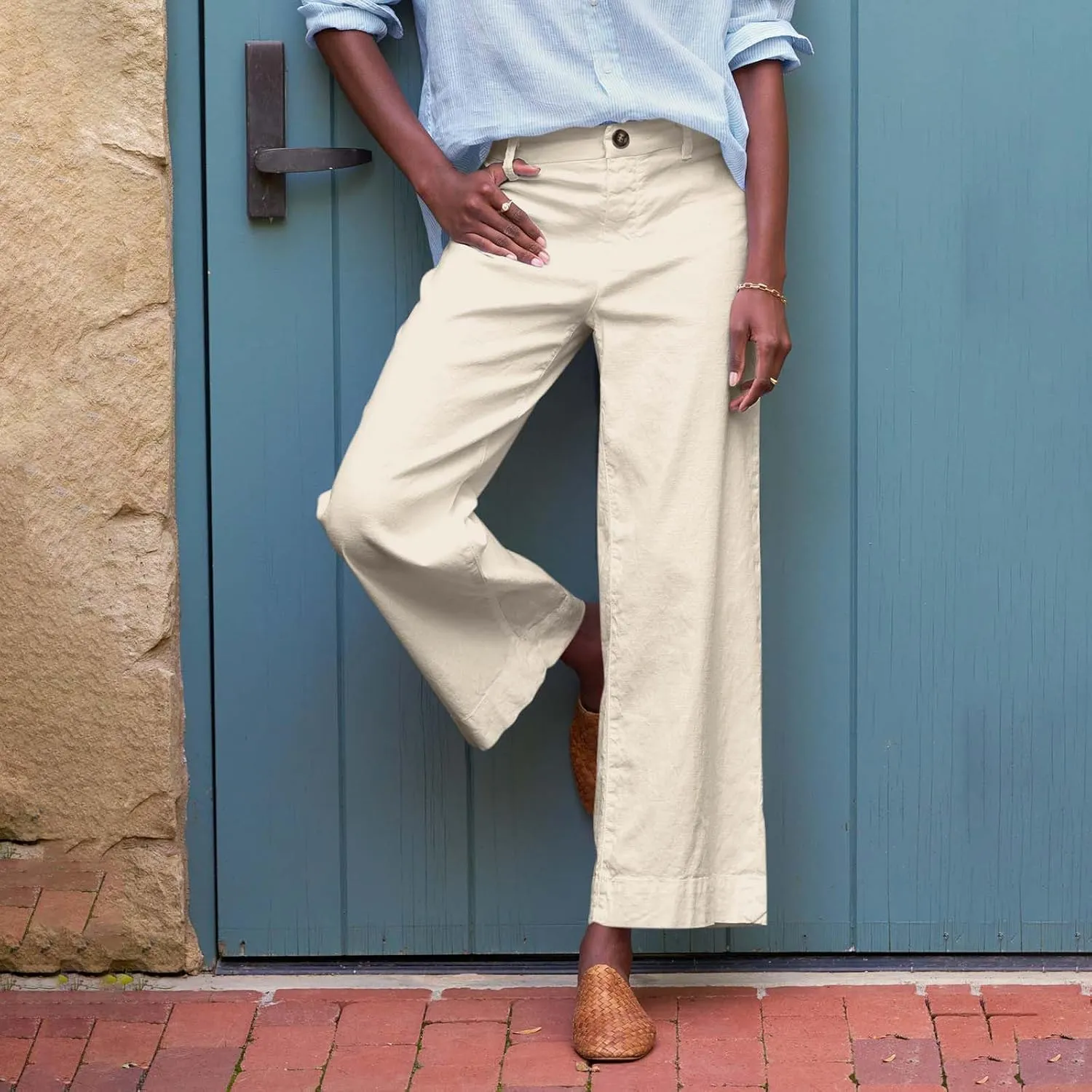 Wide Leg Linen Pants Women Cropped Elastic High Waisted Dress Pants Business Casual Comfy Work Pants with Pockets