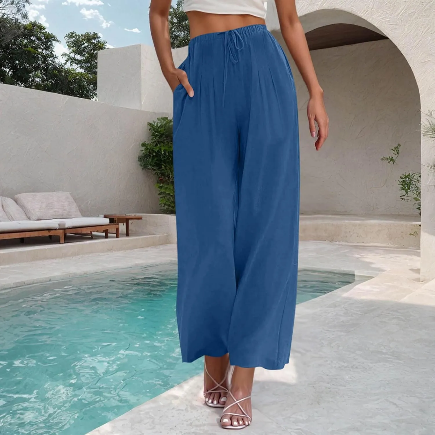 Wide Leg Pants for Woman Palazzo Trousers High Waisted Drawstring Summer Casual Business Work Beach Vacation Pants