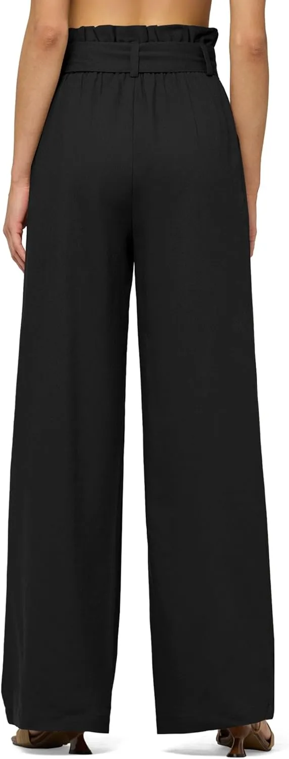 Willit Women Linen Pants Casual Wide Leg Dress Pants High Waisted Paperbag Work Trousers Summer Tie Knot Pockets 28"/30"/32''