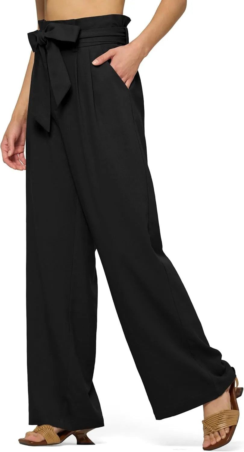 Willit Women Linen Pants Casual Wide Leg Dress Pants High Waisted Paperbag Work Trousers Summer Tie Knot Pockets 28"/30"/32''