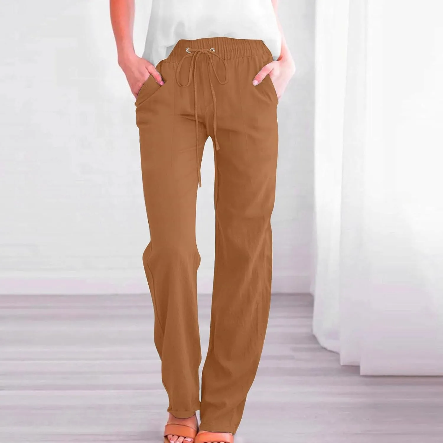 Women Cotton Linen Pants Summer Casual Drawstring Solid Lounge Long Trousers High Waist Straight Leg Comfy Work Pant