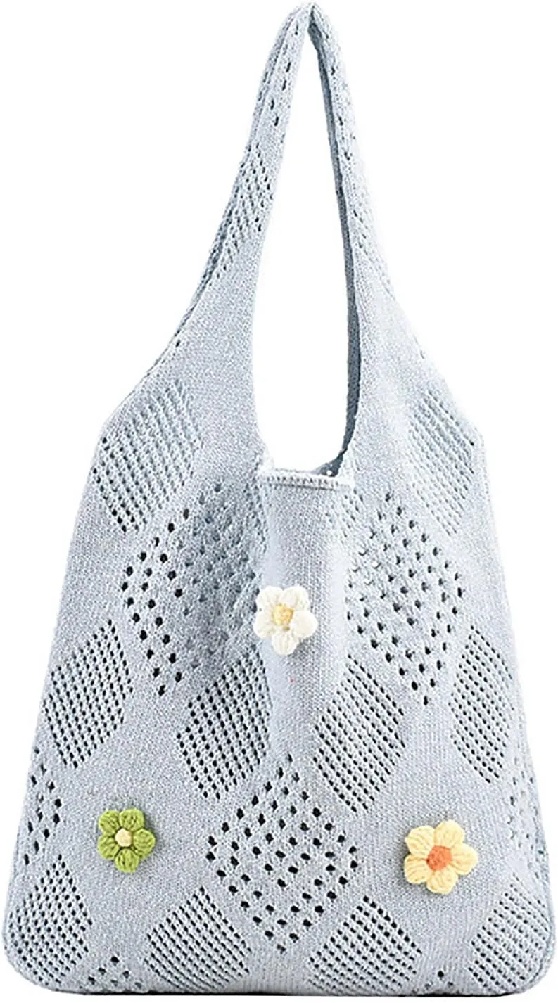 Women Cute Floral Hollow Out Knitted Tote Handbags Handmade Crochet Shoulder Bag Y2K Chic Hobo Bag for Shopping