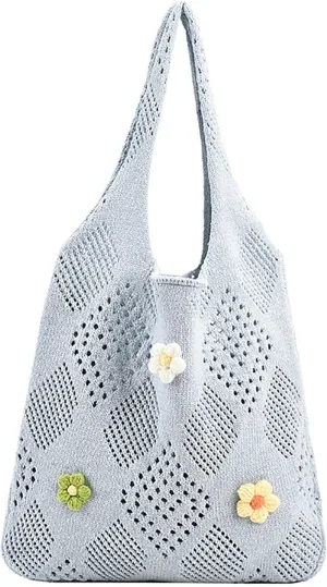 Women Cute Floral Hollow Out Knitted Tote Handbags Handmade Crochet Shoulder Bag Y2K Chic Hobo Bag for Shopping