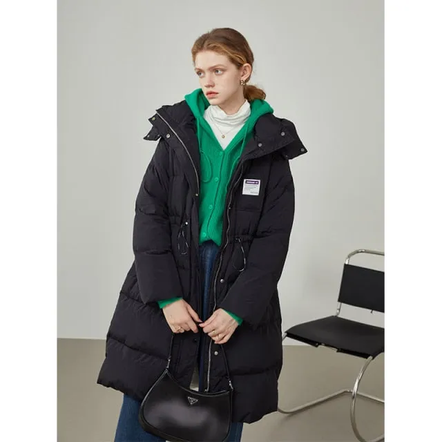 Women Down Jacket Mid-length Blue Hooded Thick Coat Black Straight Drawstring Waist Down Jacket Detachable Hat Design