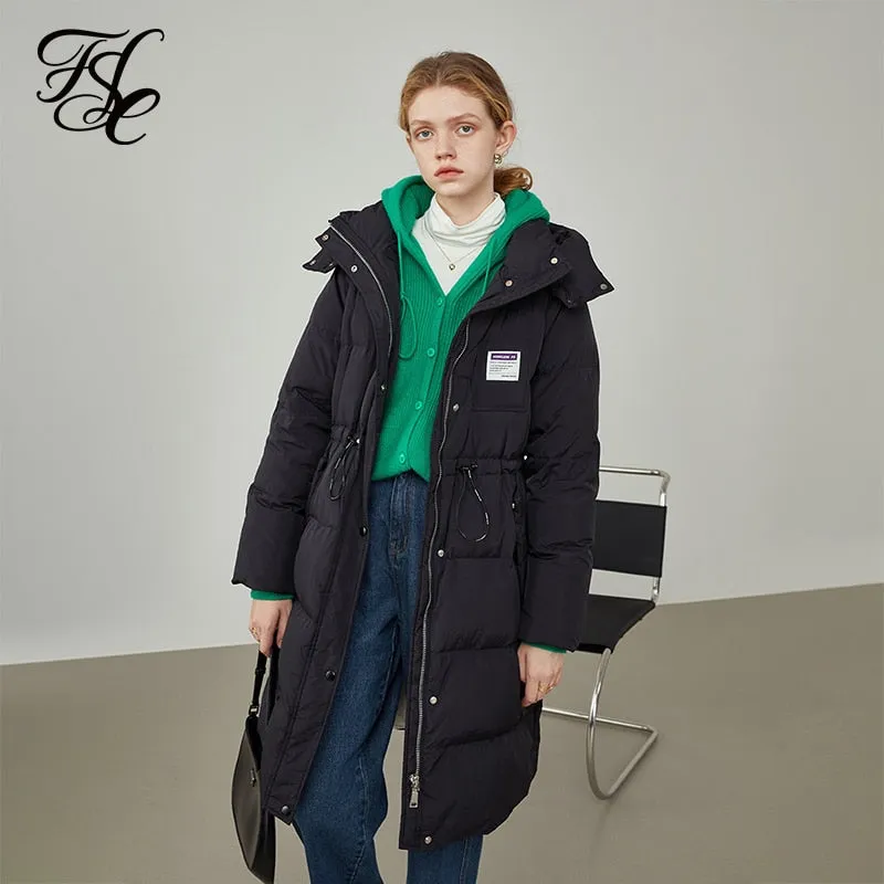 Women Down Jacket Mid-length Blue Hooded Thick Coat Black Straight Drawstring Waist Down Jacket Detachable Hat Design