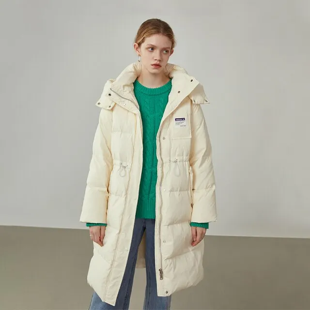 Women Down Jacket Mid-length Blue Hooded Thick Coat Black Straight Drawstring Waist Down Jacket Detachable Hat Design
