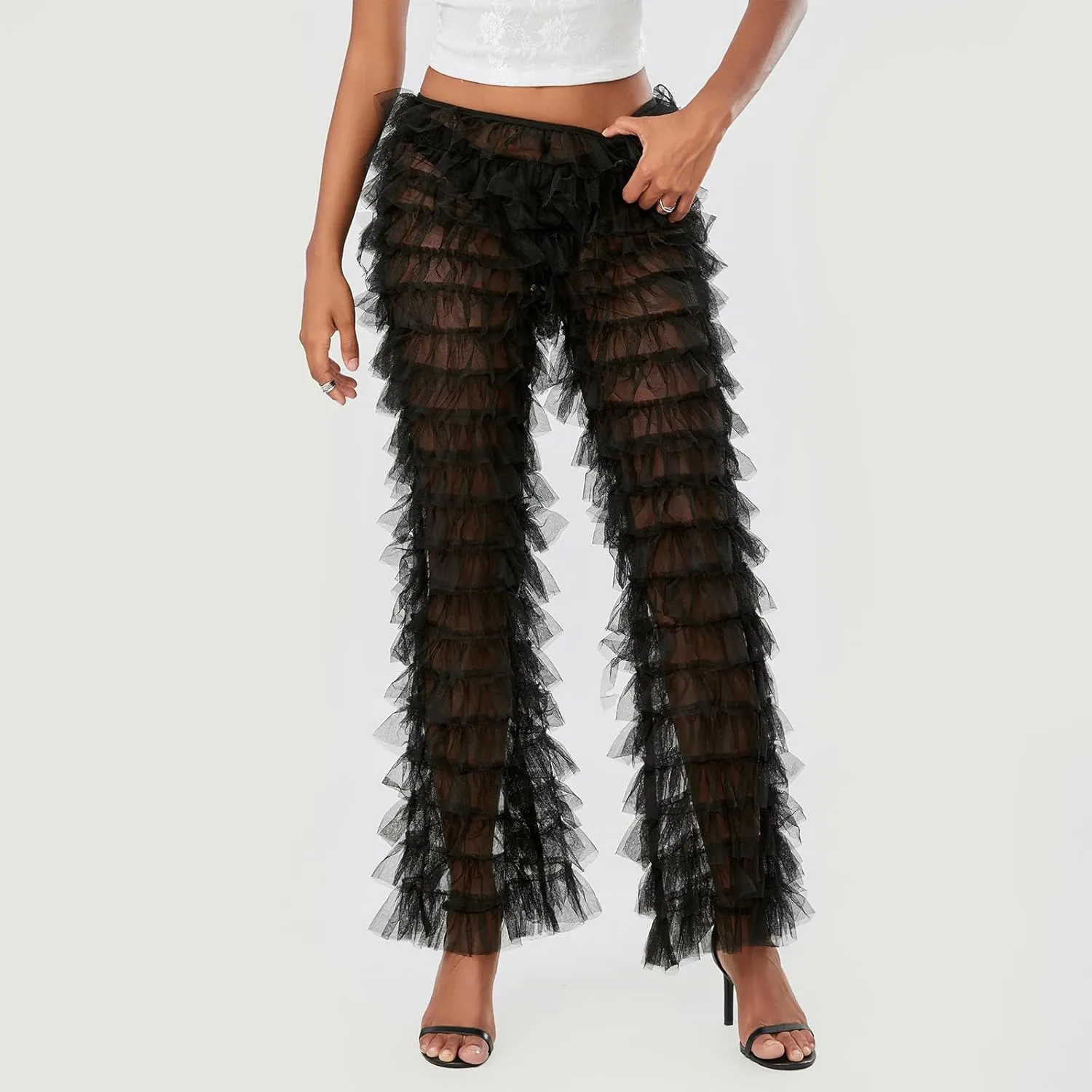Women Layered Ruffle Tulle Pants High Waist Wide Leg Long Trousers Sheer Mesh Tiered Party Pants