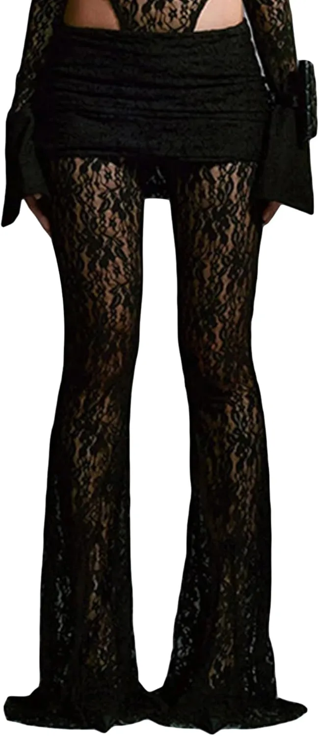 Women Layered Ruffle Tulle Pants High Waist Wide Leg Long Trousers Sheer Mesh Tiered Party Pants