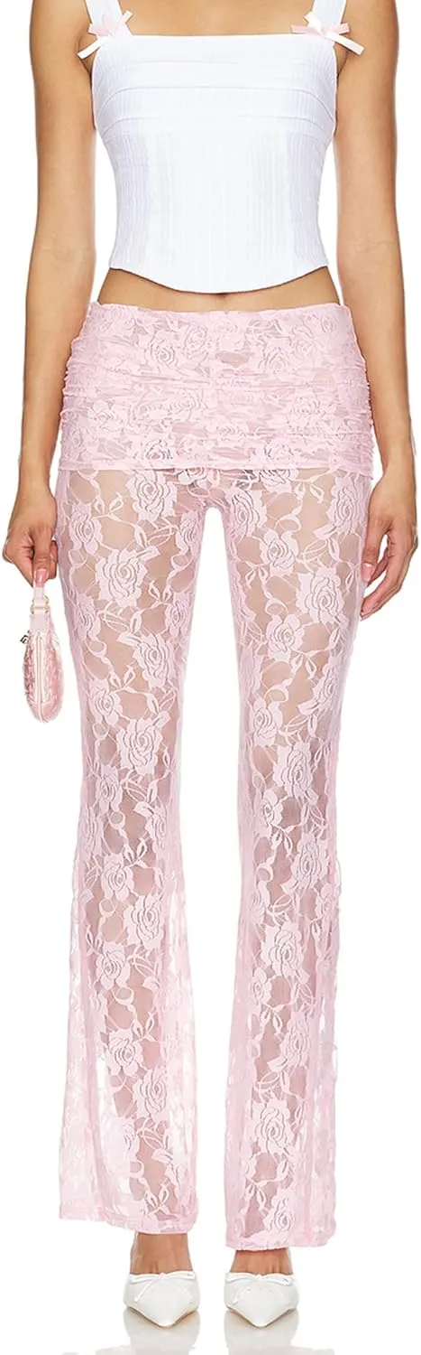 Women Layered Ruffle Tulle Pants High Waist Wide Leg Long Trousers Sheer Mesh Tiered Party Pants
