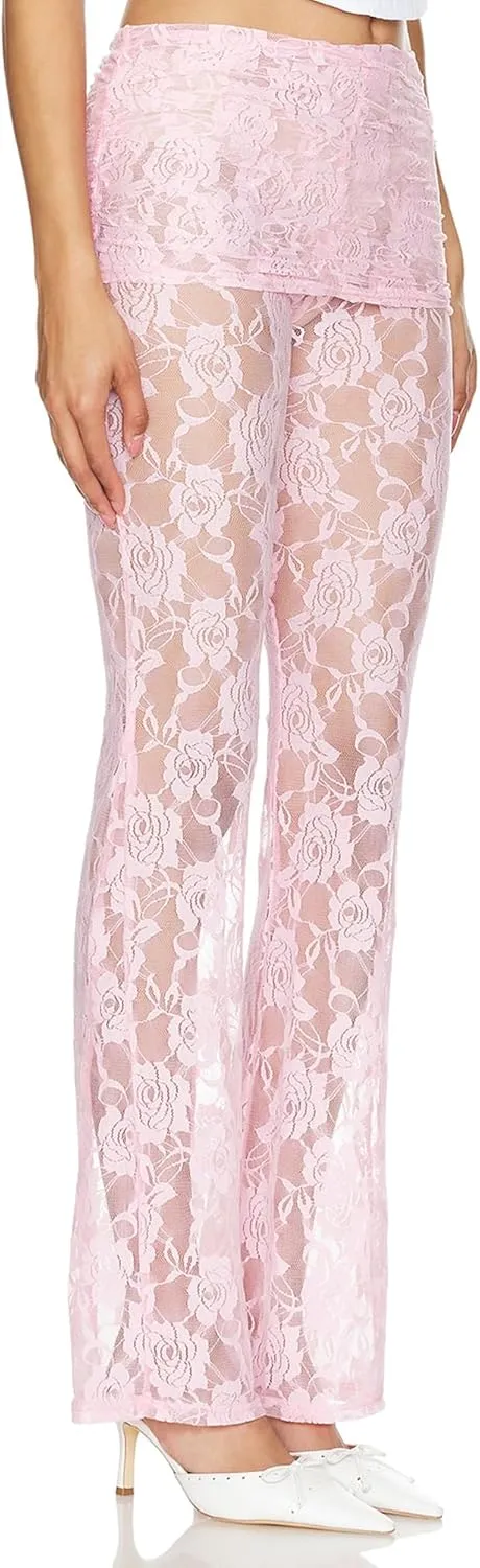 Women Layered Ruffle Tulle Pants High Waist Wide Leg Long Trousers Sheer Mesh Tiered Party Pants
