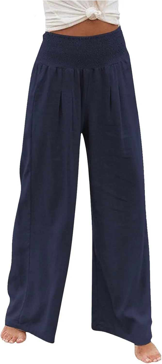 Women Linen Pants Summer Wide Leg High Waist Casual Trousers Elastic Drawstring Beach Lounge Pants with Pockets