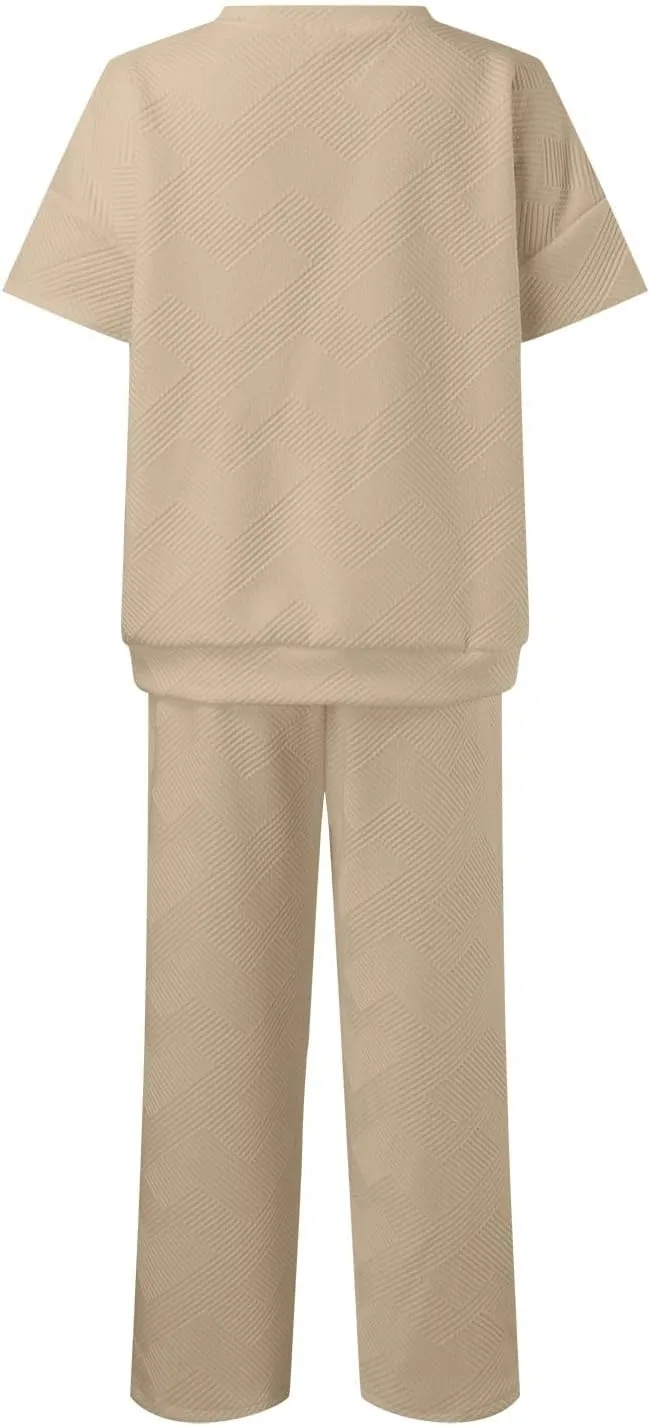 Women Matching Lounge Set Summer Plus Size Wide Leg Short Sleeve Lounge Pants Set Chic Elegant Holiday Loungewear Set