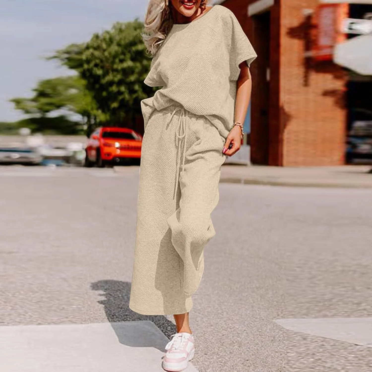 Women Matching Lounge Set Summer Plus Size Wide Leg Short Sleeve Lounge Pants Set Chic Elegant Holiday Loungewear Set