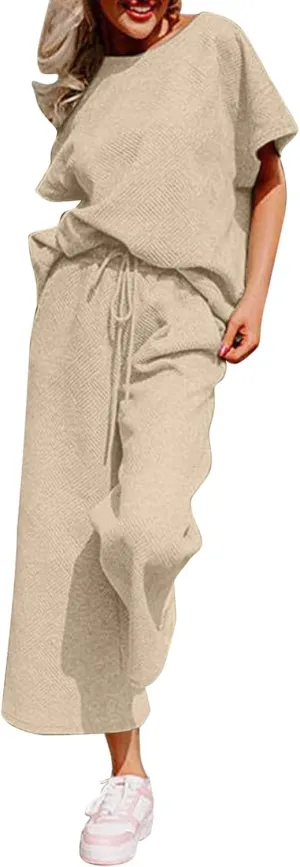 Women Matching Lounge Set Summer Plus Size Wide Leg Short Sleeve Lounge Pants Set Chic Elegant Holiday Loungewear Set