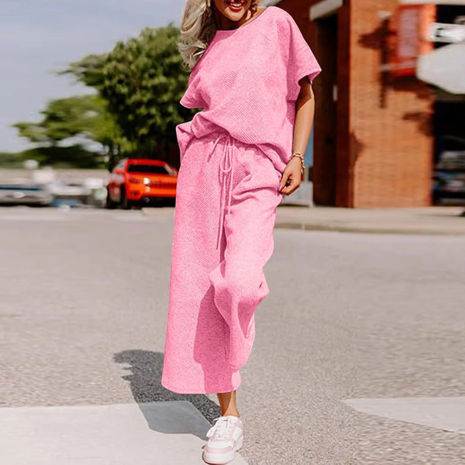 Women Matching Lounge Set Summer Wide Leg Plus Size Short Sleeve Lounge Pants Set Chic Elegant Holiday Loungewear Set